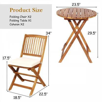 3 Pieces Patio Folding Wooden Bistro Set Cushioned Chair