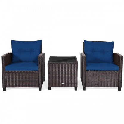 3 Pieces Cushioned Rattan Patio Conversation Set with Coffee Table-Navy