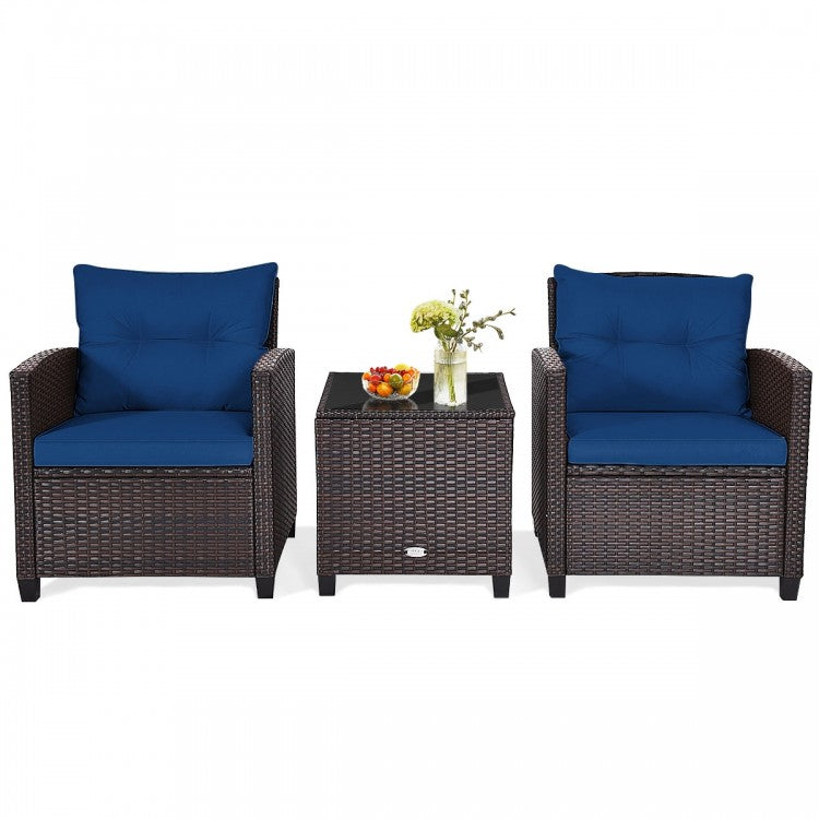 3 Pieces Cushioned Rattan Patio Conversation Set with Coffee Table-Navy