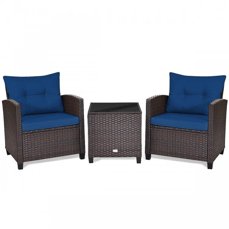 3 Pieces Cushioned Rattan Patio Conversation Set with Coffee Table-Navy