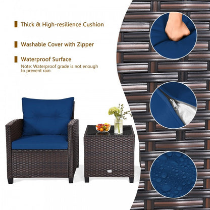 3 Pieces Cushioned Rattan Patio Conversation Set with Coffee Table-Navy