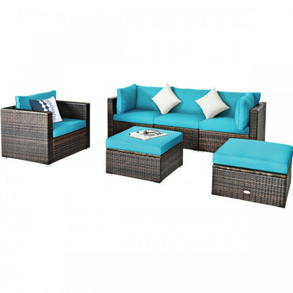 6 Pieces Patio Rattan Furniture Set with Sectional Cushion-Blue