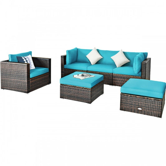 6 Pieces Patio Rattan Furniture Set with Sectional Cushion-Blue