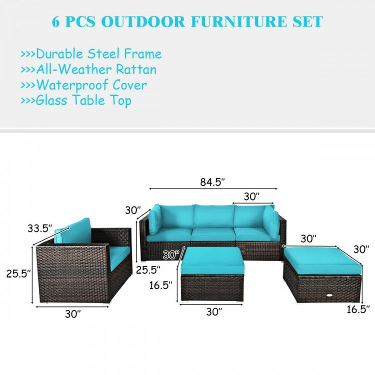 6 Pieces Patio Rattan Furniture Set with Sectional Cushion-Blue