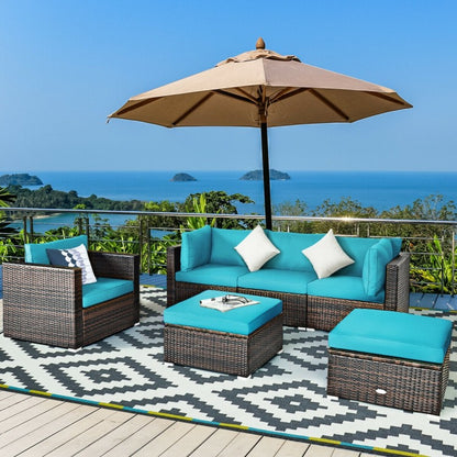 6 Pieces Patio Rattan Furniture Set with Sectional Cushion-Blue