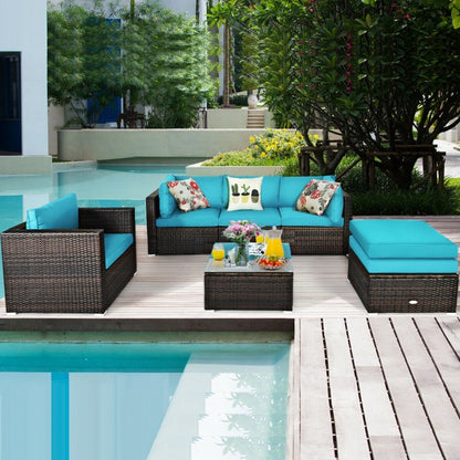 6 Pieces Patio Rattan Furniture Set with Sectional Cushion-Blue