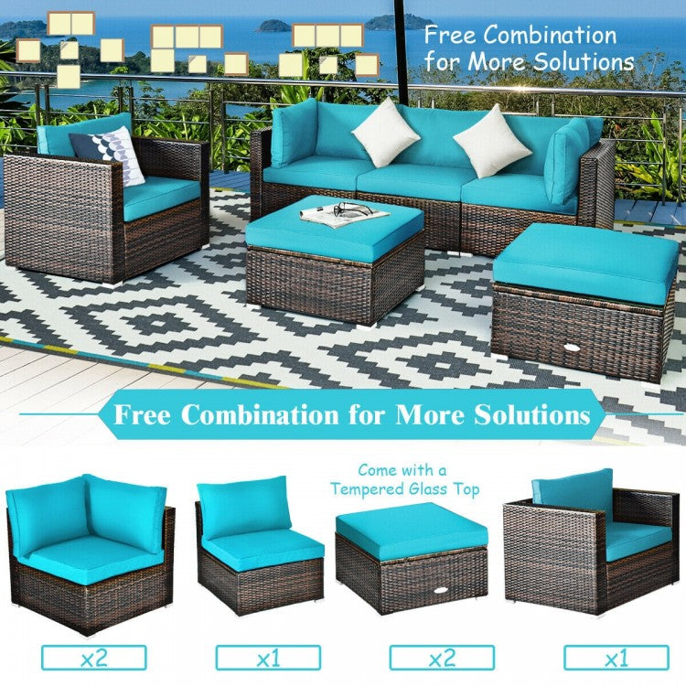 6 Pieces Patio Rattan Furniture Set with Sectional Cushion-Blue