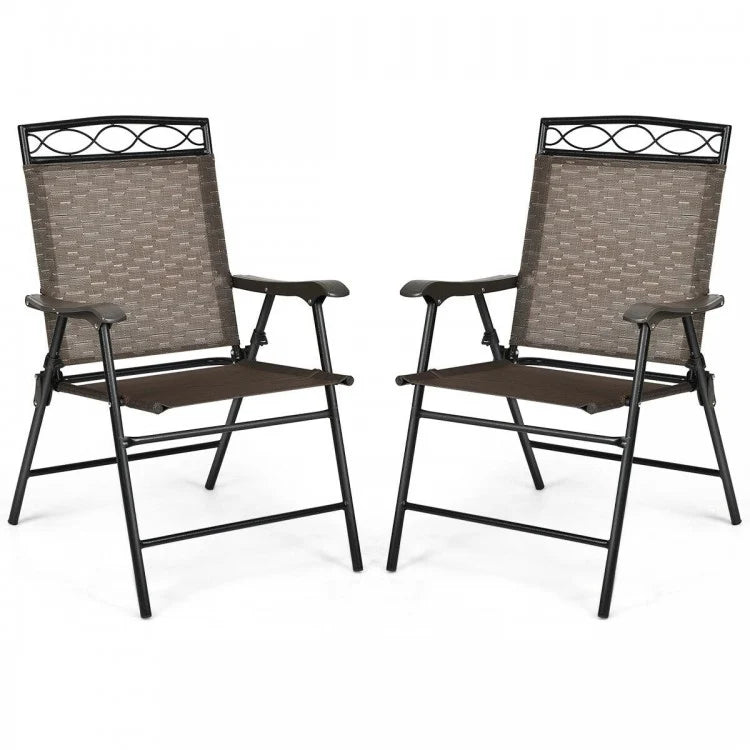 Set of 2 Patio Folding Chairs Sling Portable Dining Chair Set with Armrest