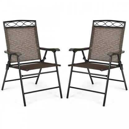 Set of 2 Patio Folding Chairs Sling Portable Dining Chair Set with Armrest