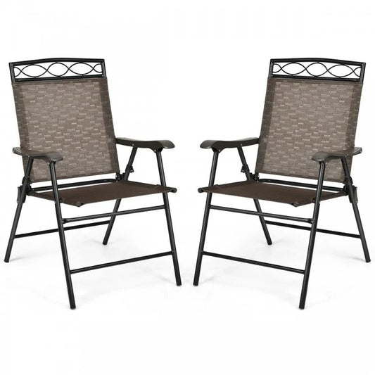 Set of 2 Patio Folding Chairs Sling Portable Dining Chair Set with Armrest