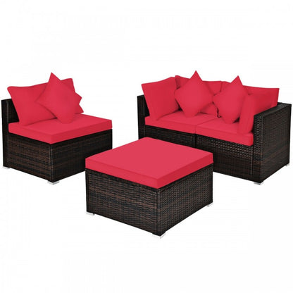 Ensemble de meubles de jardin ottomans en rotin et osier avec canapé rembourré, 4 pièces