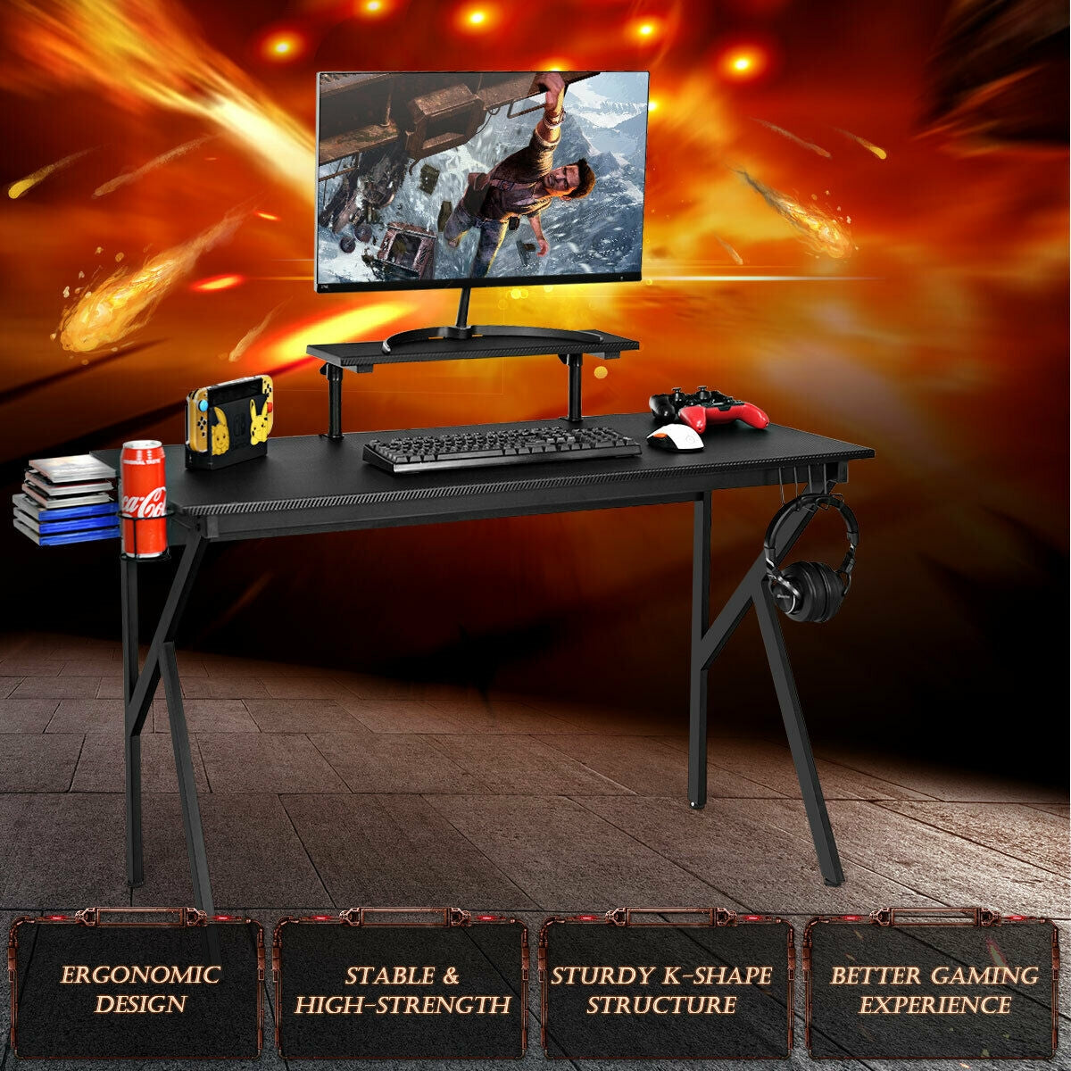 Gaming Desk Computer Desk with Cup Holder and Headphone Hook