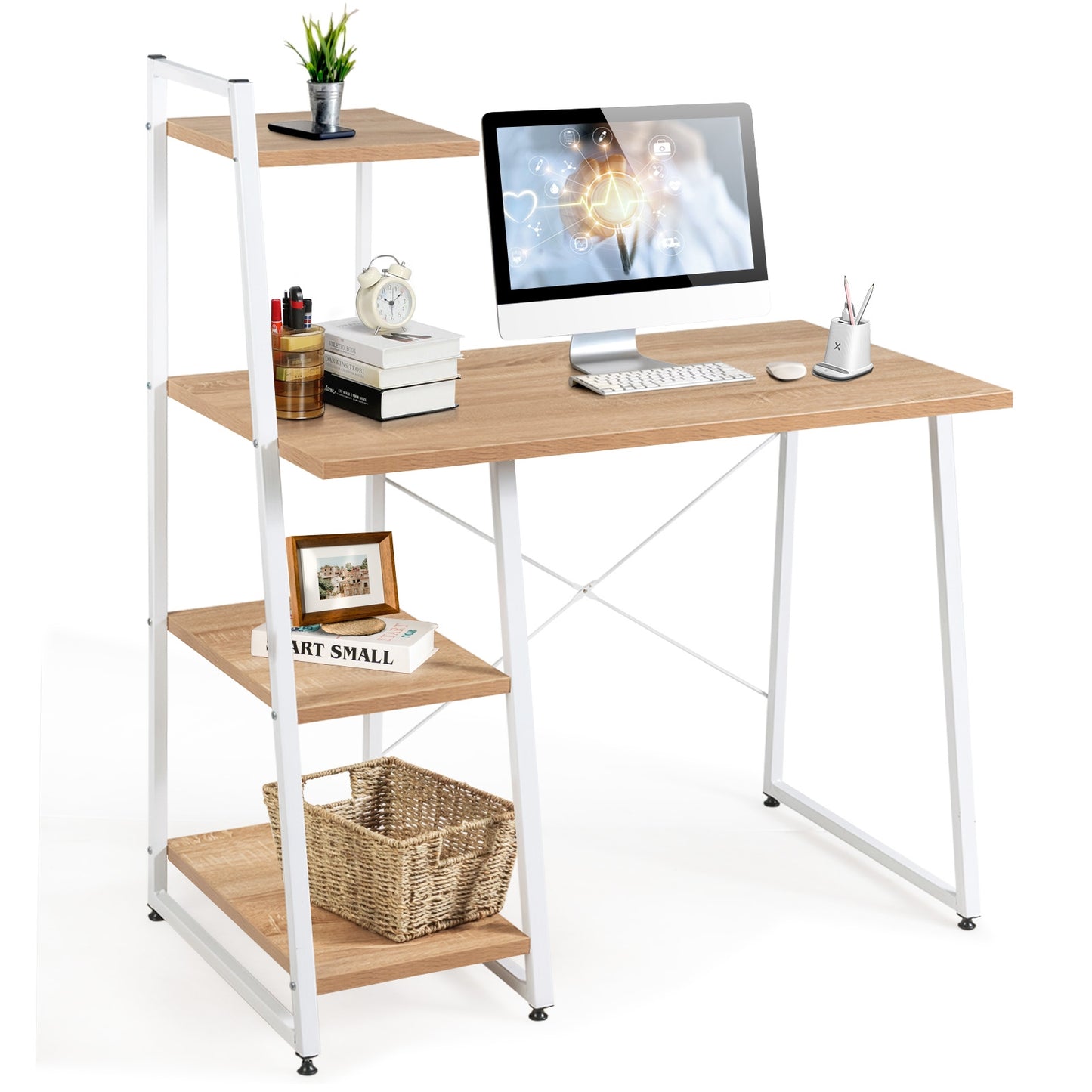 Bureau d'ordinateur compact avec 4 étagères à niveaux pour la maison et le bureau