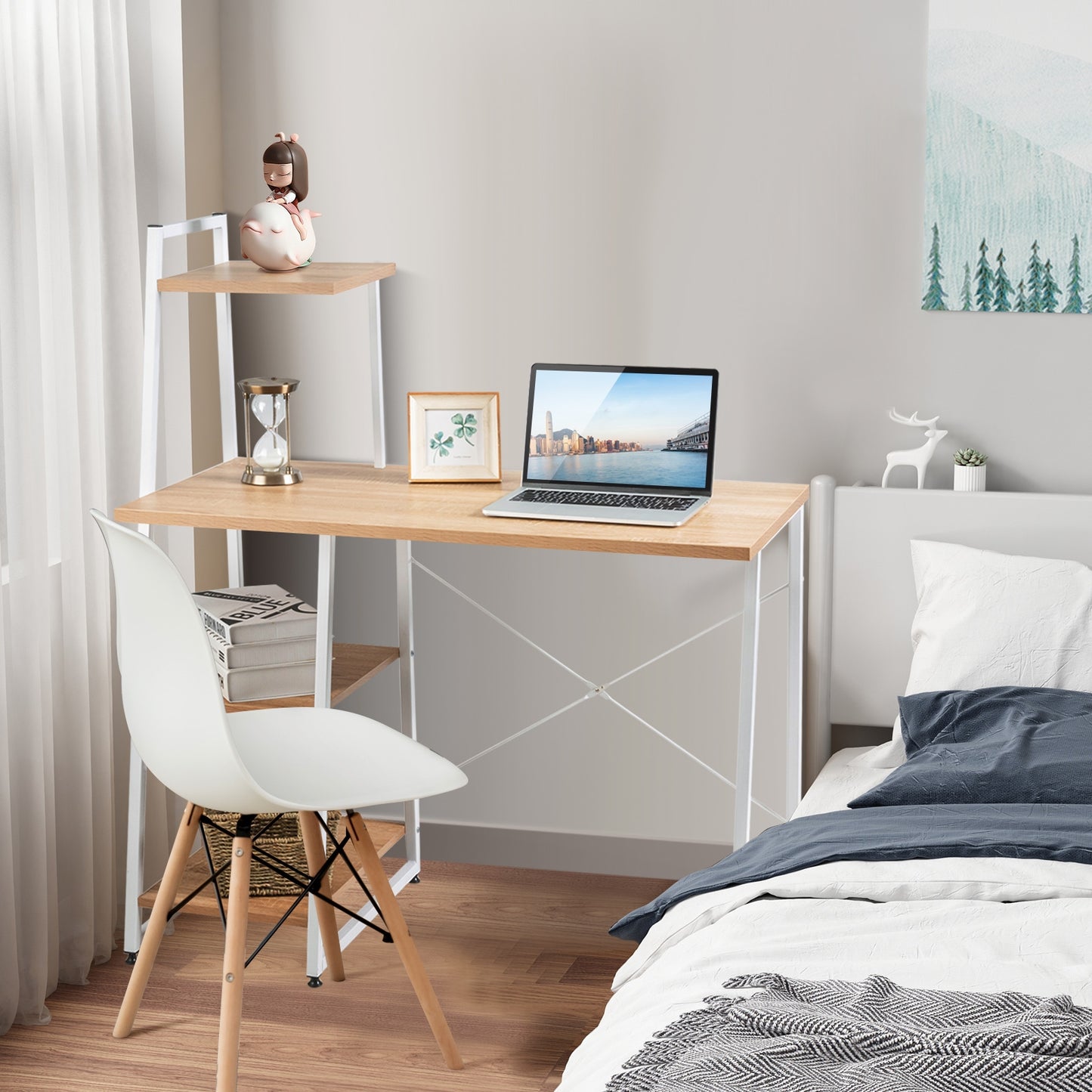 Bureau d'ordinateur compact avec 4 étagères à niveaux pour la maison et le bureau