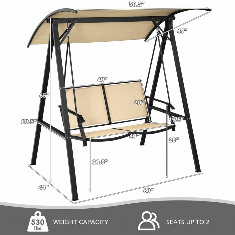 Outdoor Porch Steel Hanging 2-Seat Swing Loveseat with Canopy