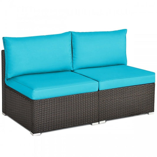 2 Pieces Patio Rattan Armless Sofa Set with 2 Cushions and 2 Pillows