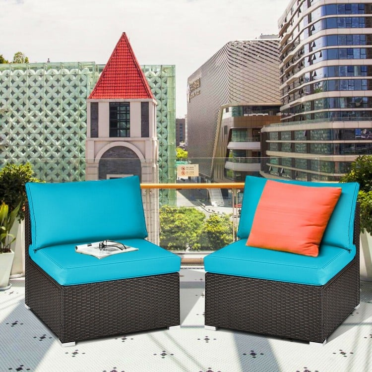 2 Pieces Patio Rattan Armless Sofa Set with 2 Cushions and 2 Pillows