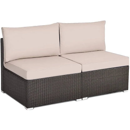 2 Pieces Patio Rattan Armless Sofa Set with 2 Cushions and 2 Pillows