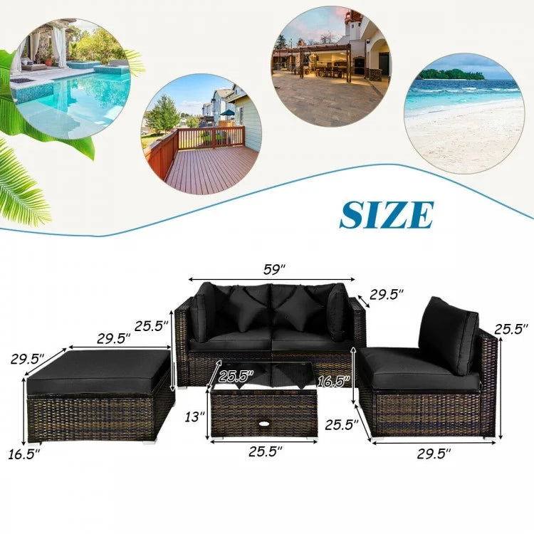 5 Pcs Outdoor Patio Rattan Furniture Set Sectional Conversation with Cushions