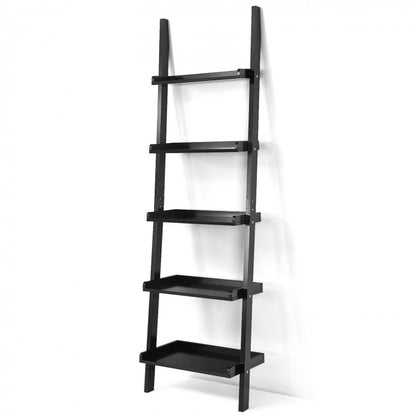 5-Tier Wall-leaning Ladder Shelf Display Rack for Plants and Books-White