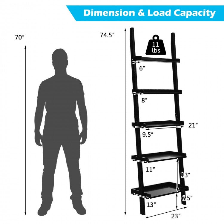 5-Tier Wall-leaning Ladder Shelf Display Rack for Plants and Books-White