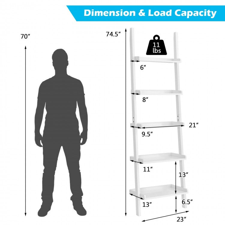 5-Tier Wall-leaning Ladder Shelf Display Rack for Plants and Books-White