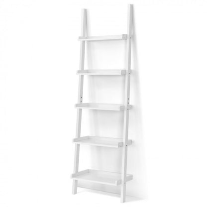 5-Tier Wall-leaning Ladder Shelf Display Rack for Plants and Books-White