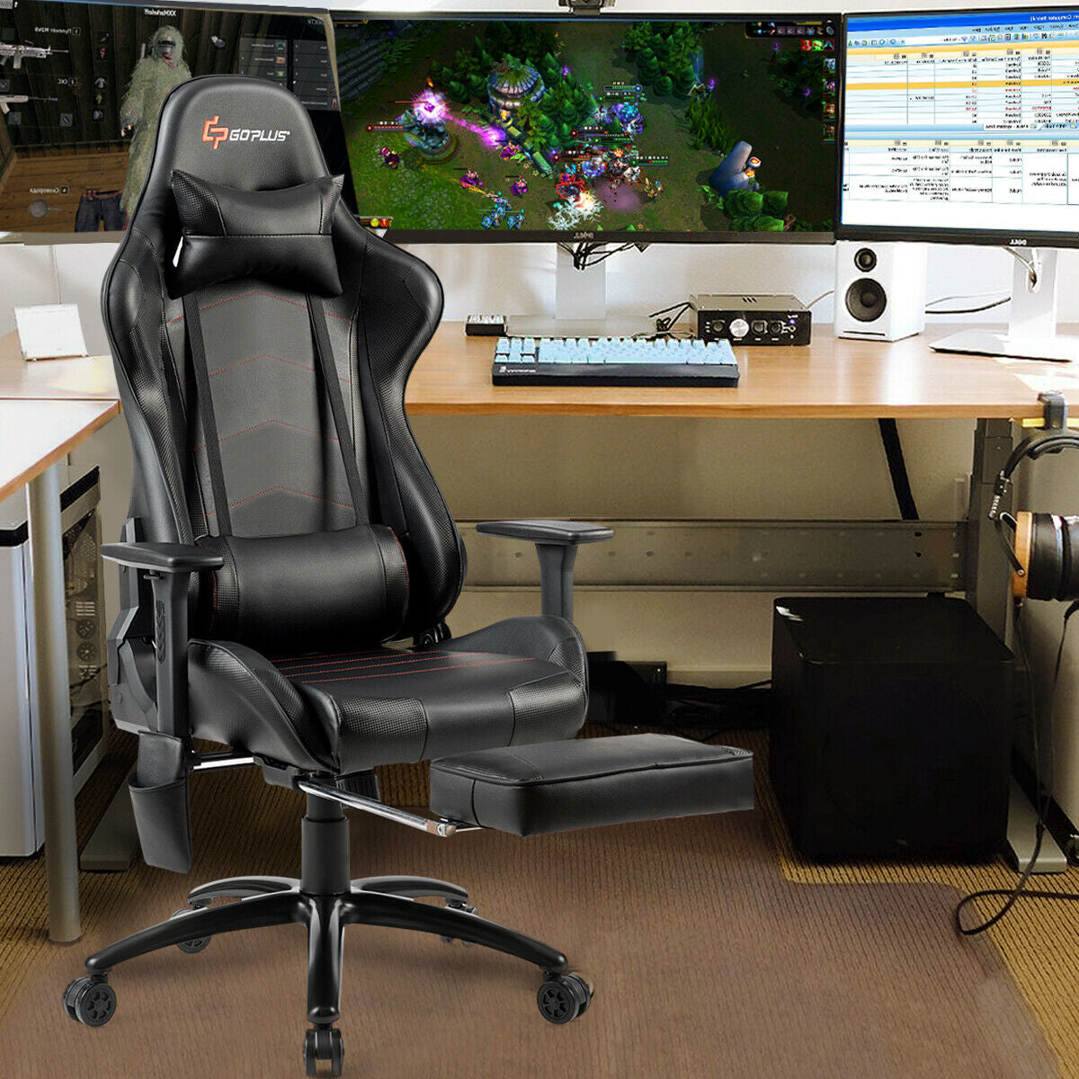 Chaise de jeu ergonomique à dossier haut en cuir PU avec massage