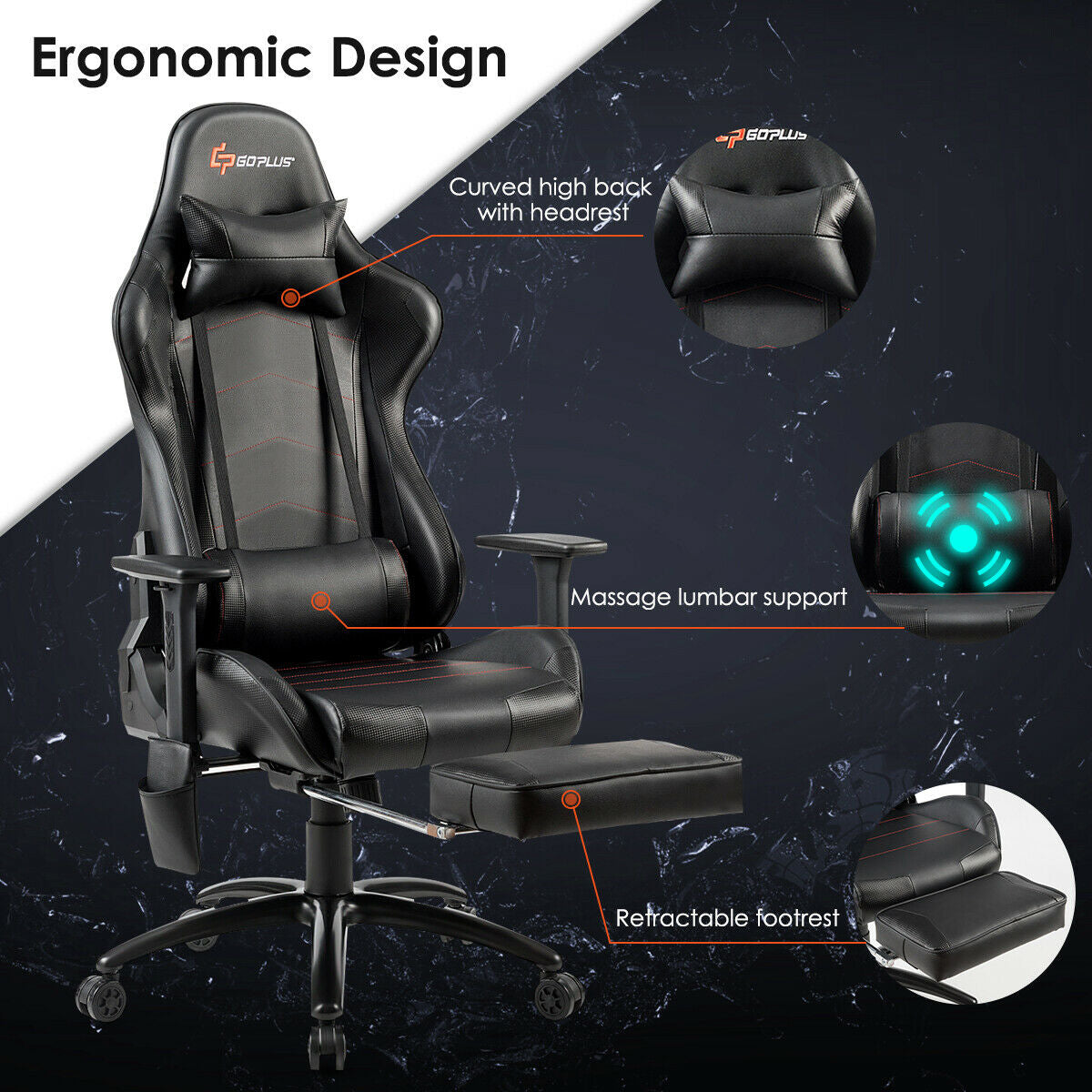 Chaise de jeu ergonomique à dossier haut en cuir PU avec massage