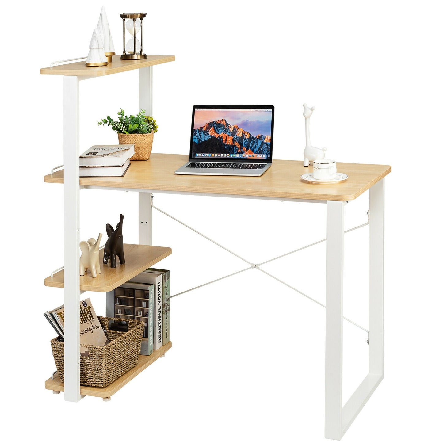 Reversible Computer Desk Study Table Home Office with Adjustable Bookshelf-Natural