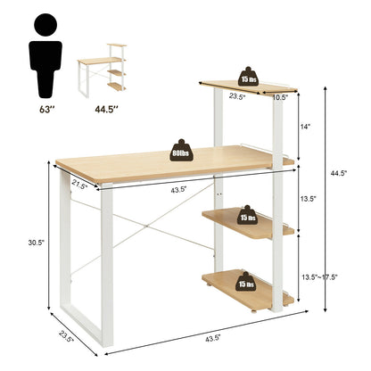 Reversible Computer Desk Study Table Home Office with Adjustable Bookshelf-Natural