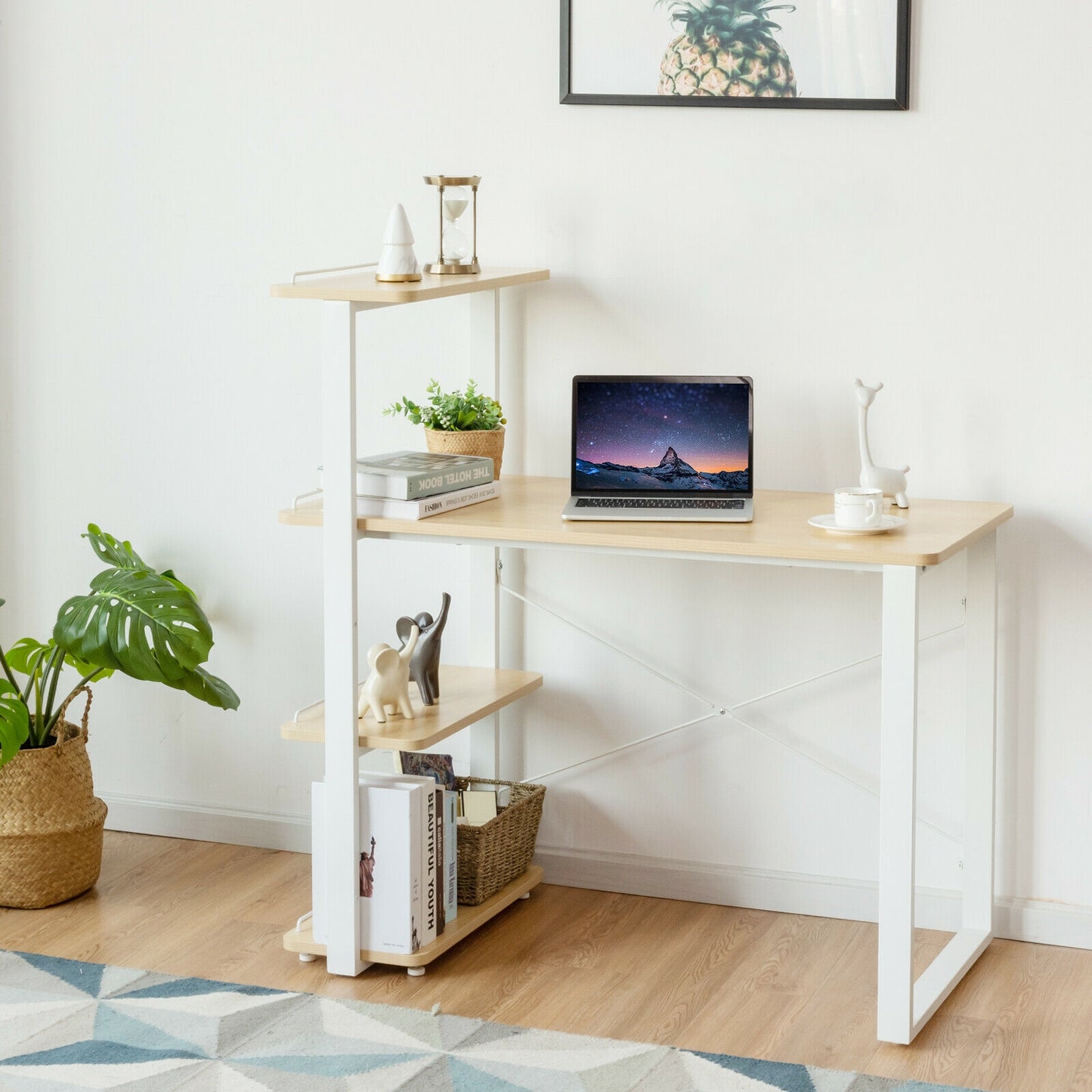 Reversible Computer Desk Study Table Home Office with Adjustable Bookshelf-Natural