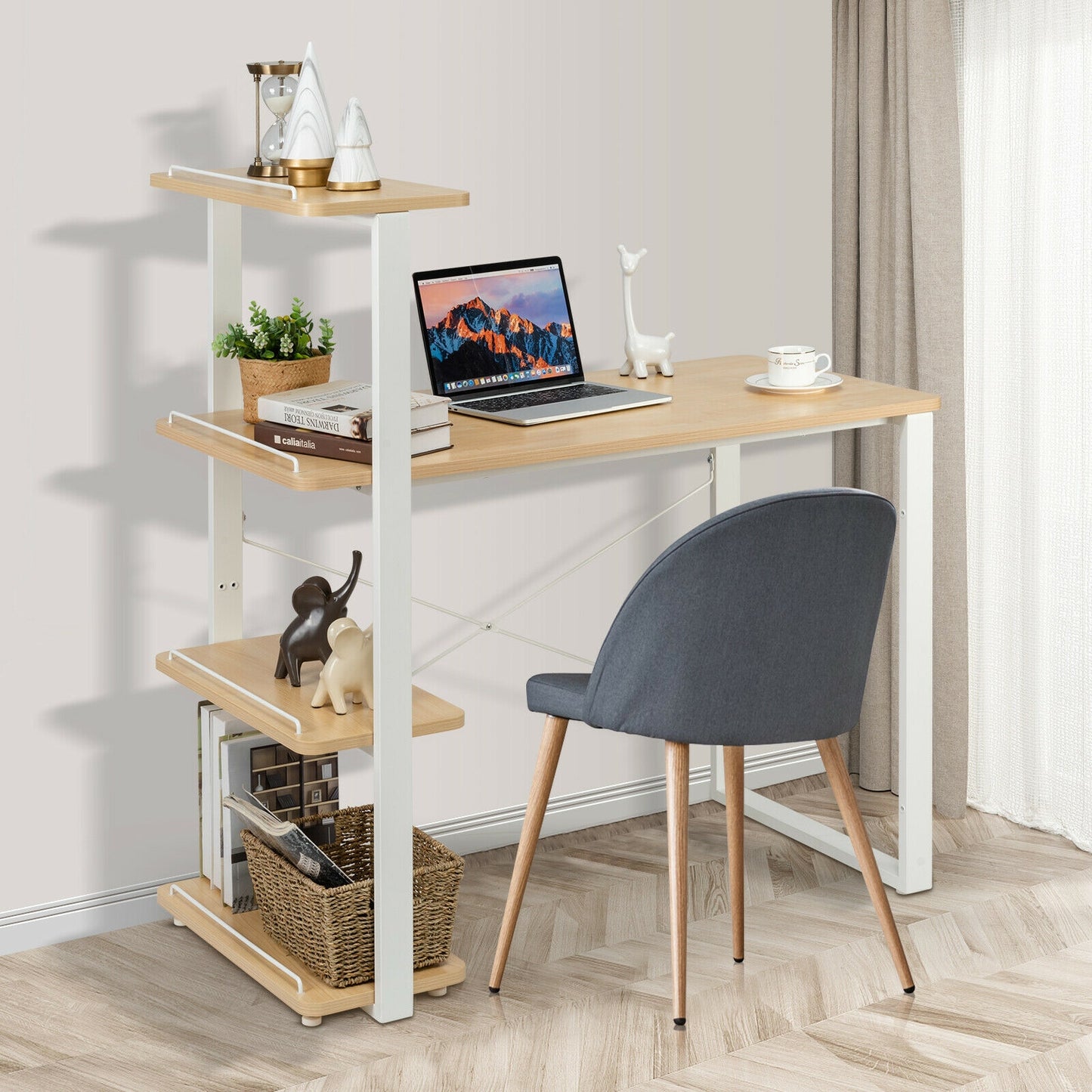 Reversible Computer Desk Study Table Home Office with Adjustable Bookshelf-Natural