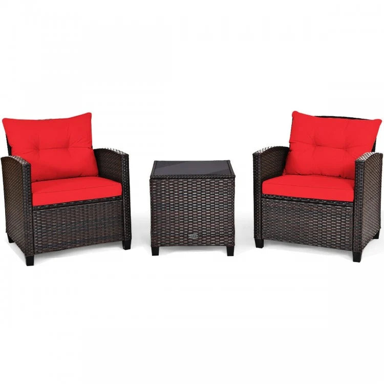 3 Pieces Cushioned Rattan Patio Conversation Set with Coffee Table-Red