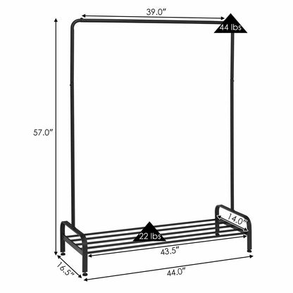 Heavy Duty Clothes Stand Rack with Top Rod and Lower Storage Shelf-Black