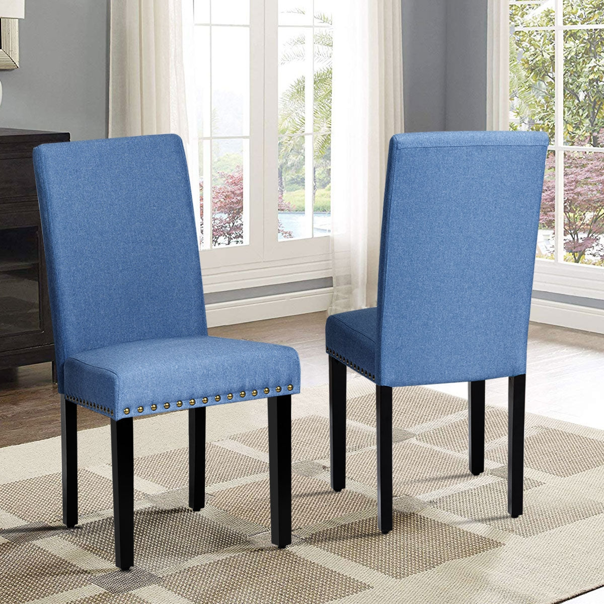 Lot de 2 chaises de salle à manger rembourrées en tissu avec tête de clou - Bleu