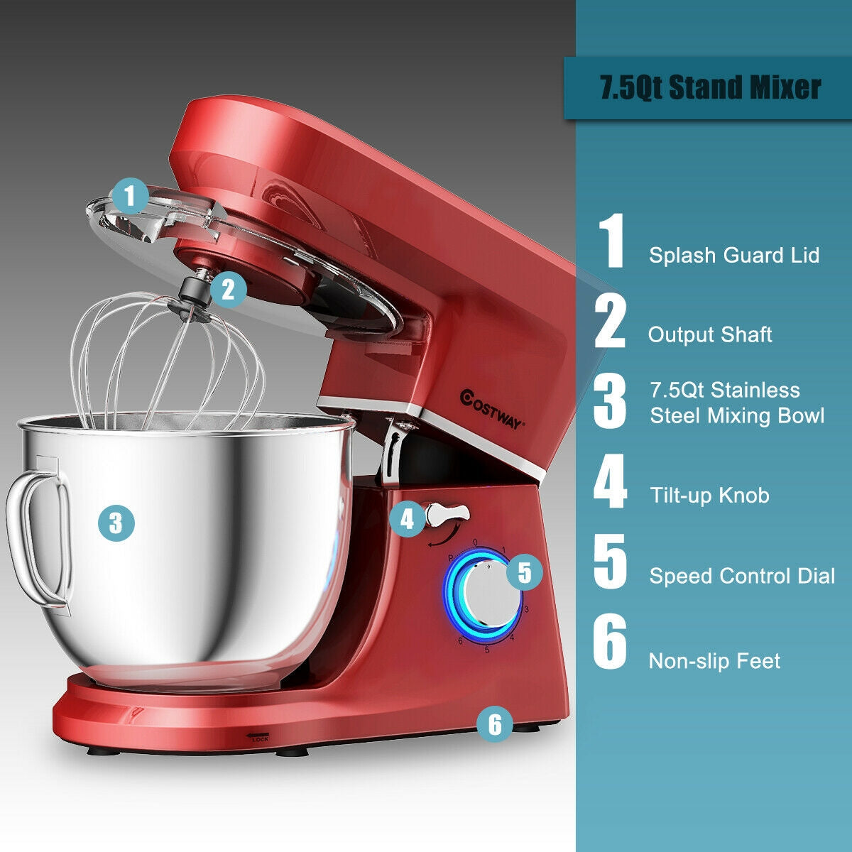 7.5 Qt Tilt-Head Stand Mixer with Dough Hook-Red