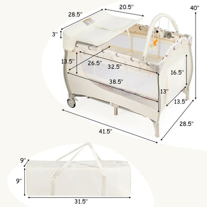 Foldable Safety  Baby Playard for Toddler Infant with Changing Station-Beige