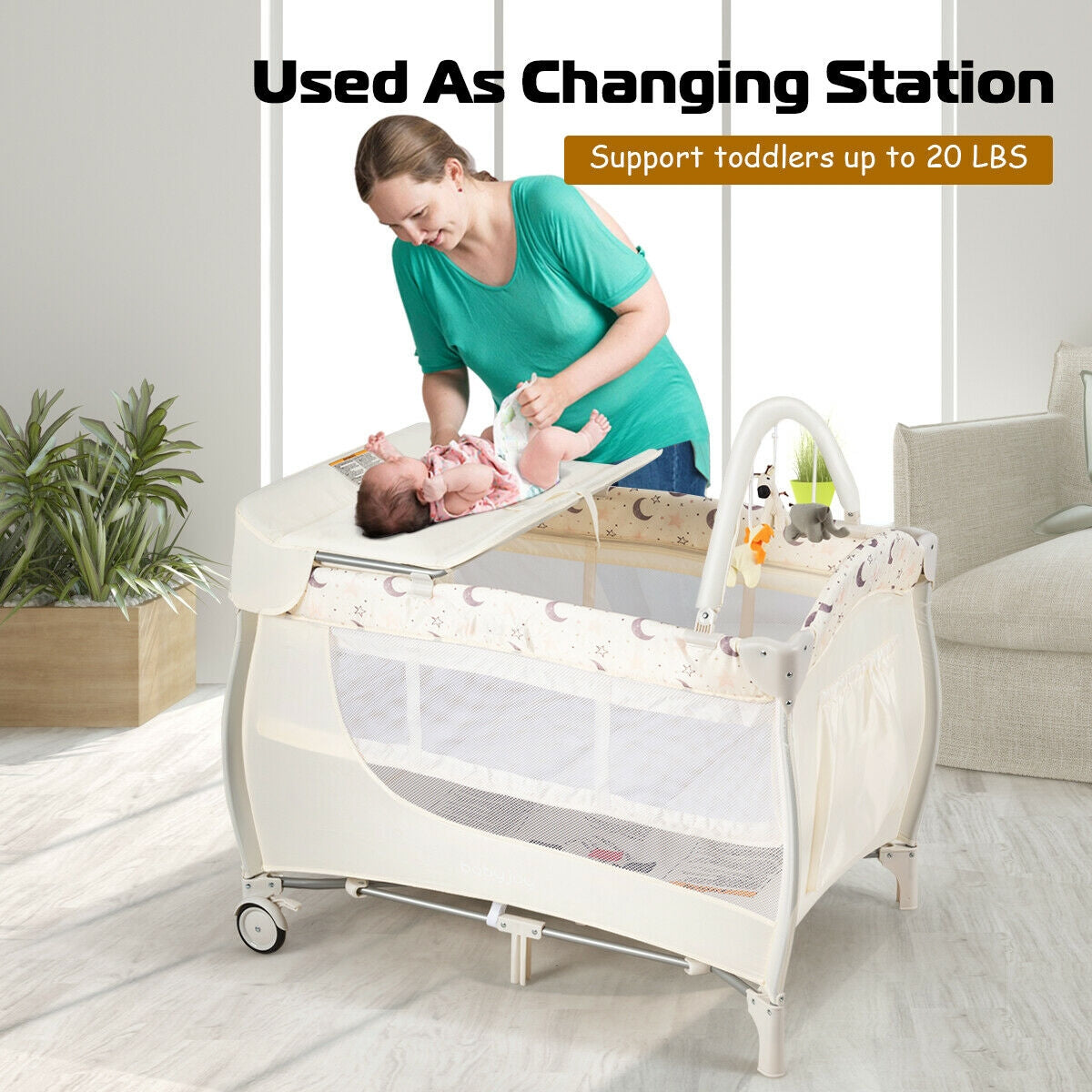 Foldable Safety  Baby Playard for Toddler Infant with Changing Station-Beige