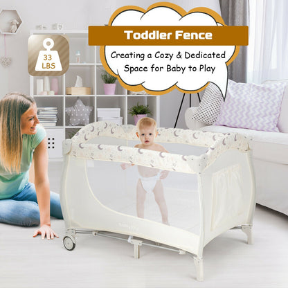 Foldable Safety  Baby Playard for Toddler Infant with Changing Station-Beige