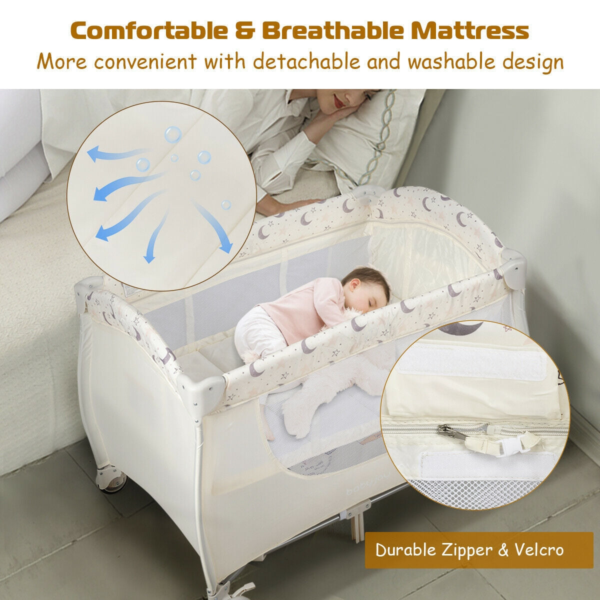 Foldable Safety  Baby Playard for Toddler Infant with Changing Station-Beige