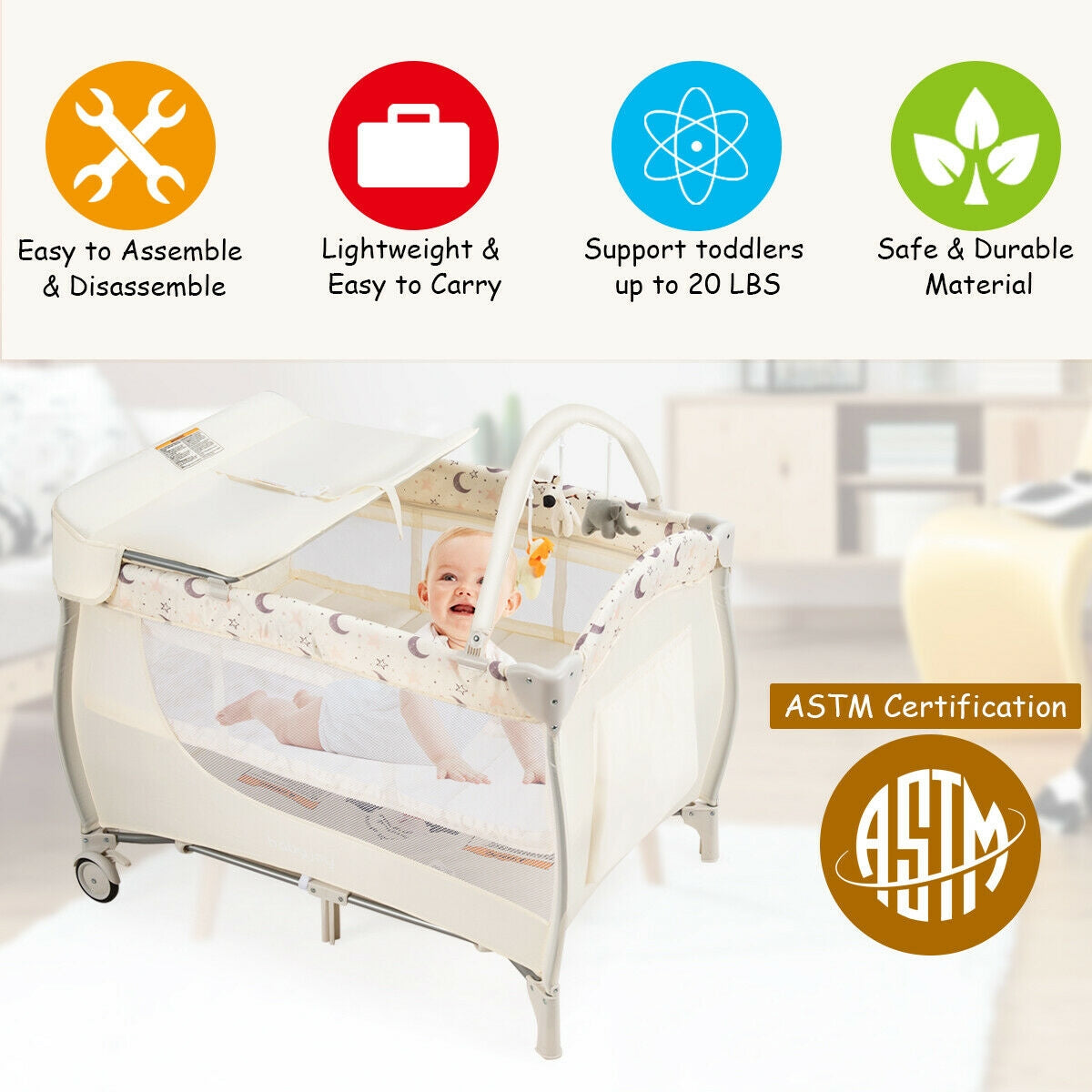 Foldable Safety  Baby Playard for Toddler Infant with Changing Station-Beige