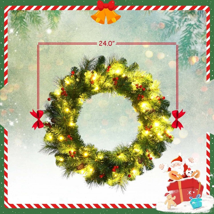 24 Inch Pre-lit Artificial Spruce Christmas Wreath