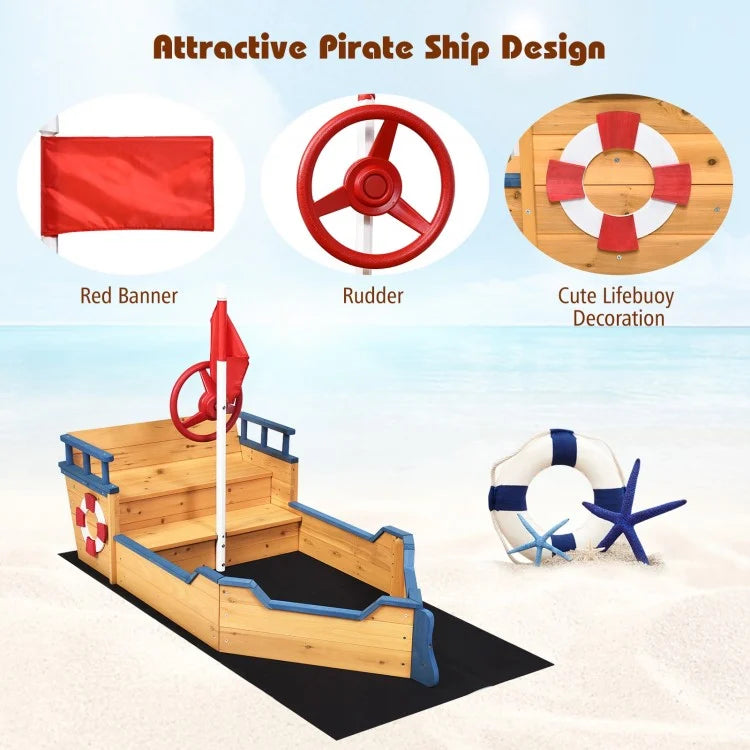 Wooden Pirate Boat Wood Sandbox for Kids