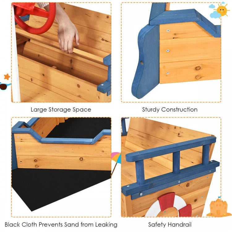 Wooden Pirate Boat Wood Sandbox for Kids