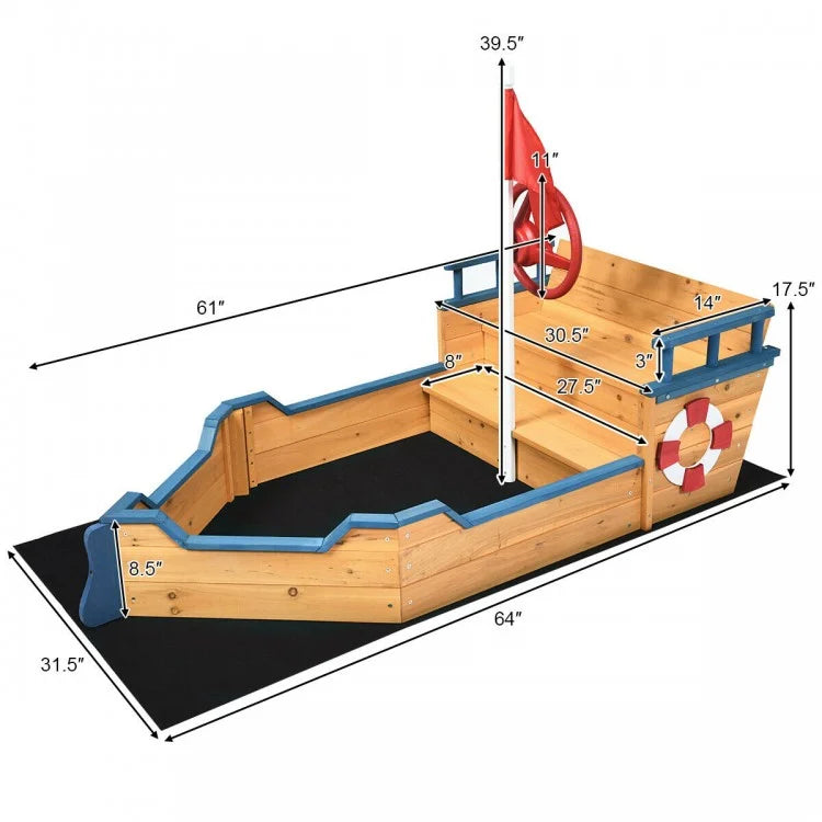 Wooden Pirate Boat Wood Sandbox for Kids