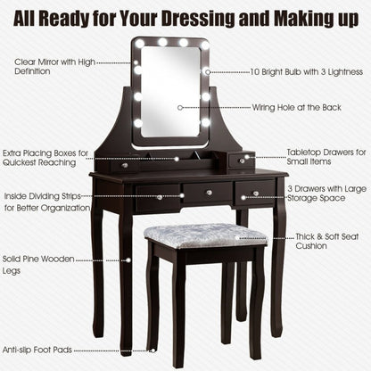 Vanity Dressing Table Set with 10 Dimmable Bulbs and Cushioned Stool