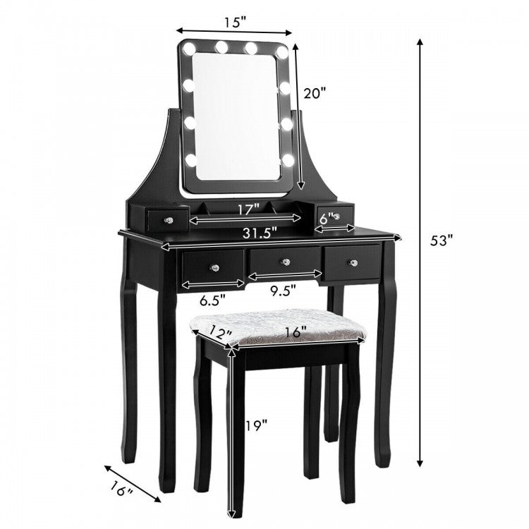 Ensemble de coiffeuse avec 10 ampoules à intensité variable et tabouret rembourré