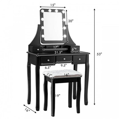 Ensemble de coiffeuse avec 10 ampoules à intensité variable et tabouret rembourré