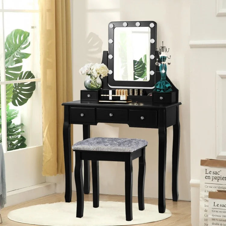 Vanity Dressing Table Set with 10 Dimmable Bulbs and Cushioned Stool